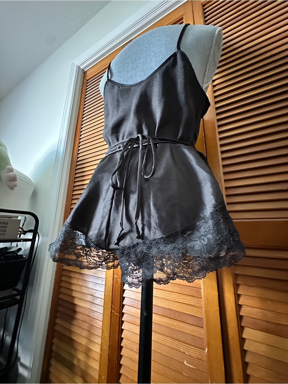 Vintage 80s Black Lace-Trim Satin Teddy Romper - Picture 8 of 11